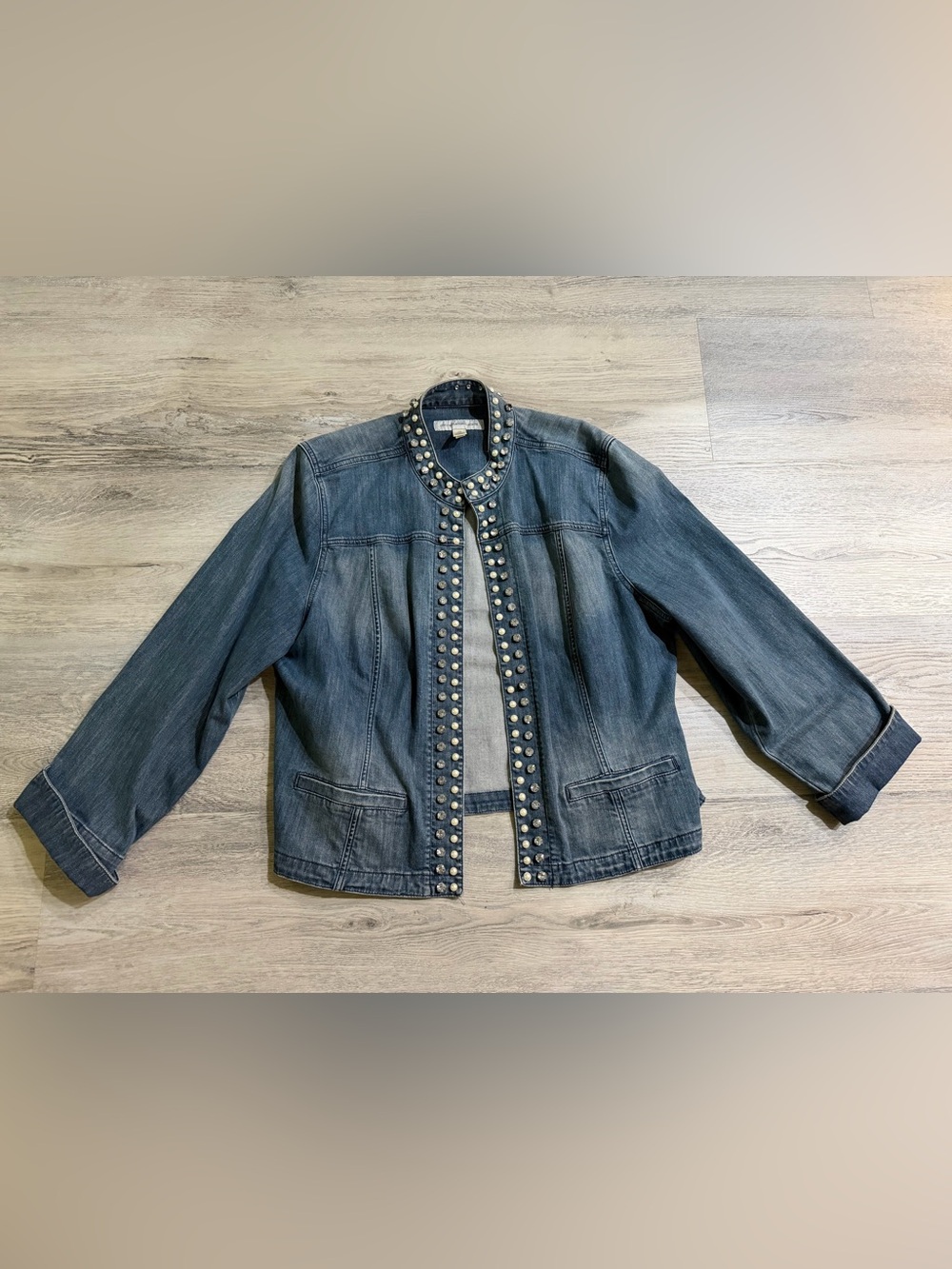 Chico's Blue Denim Jacket with Large Diamond & Pearl Trim